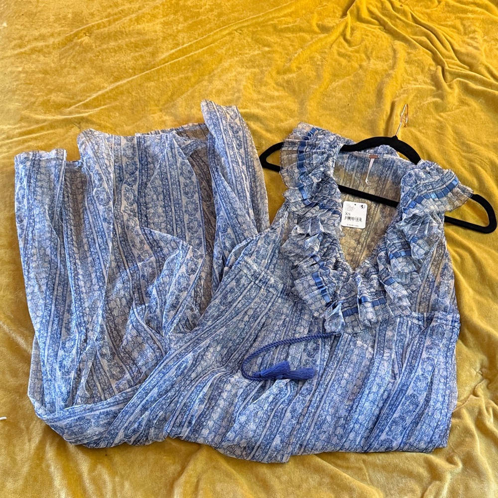 Free People Blue Maxi Sheer Dress with Ruffle Detaila
